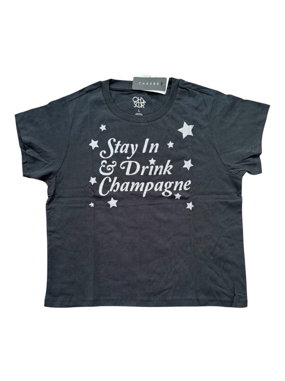 NWT Chaser Stay In & Drink Champagne Glitter Graphic Tee Shirt Black L